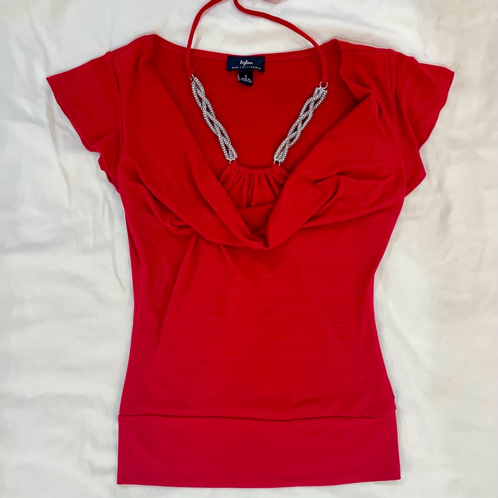 Byline Byer California Red Short Sleeve Embellished Tie Halter Blouse Top
